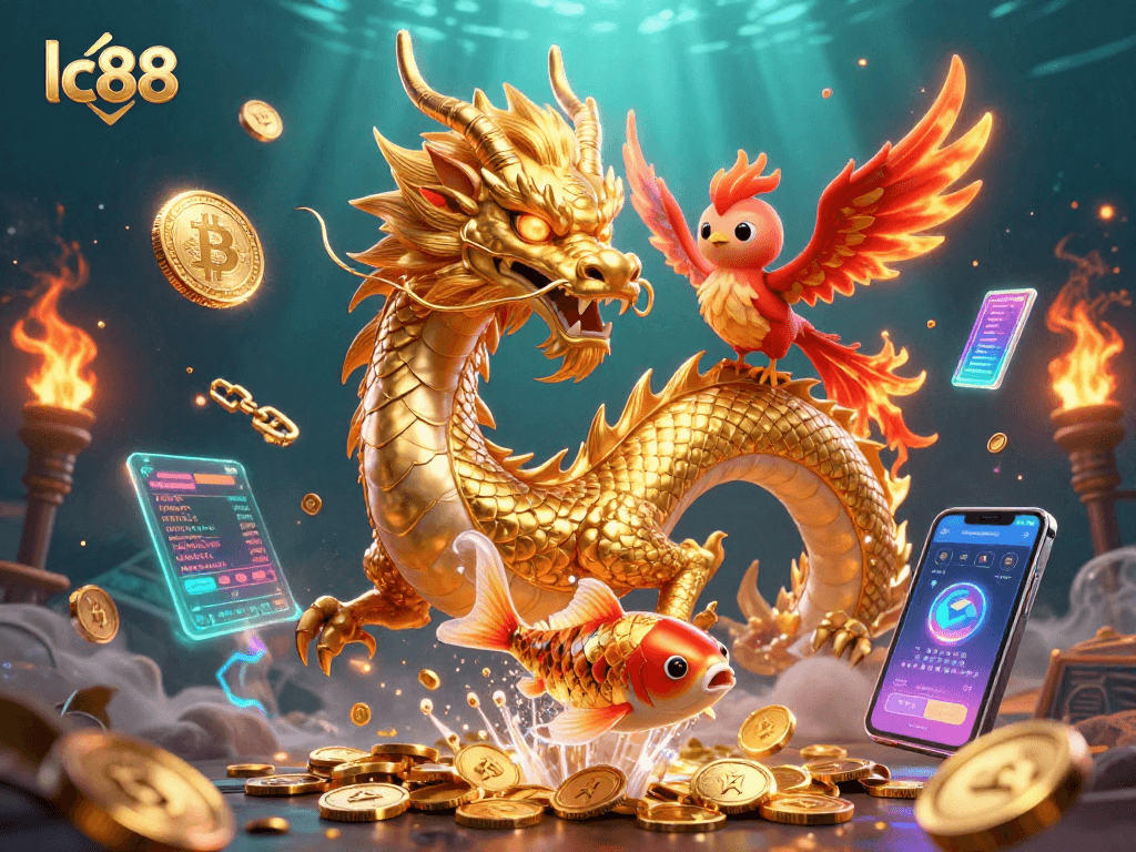 Engage in thrilling gameplay with lc88, featuring a golden dragon, coins, and crypto elements.