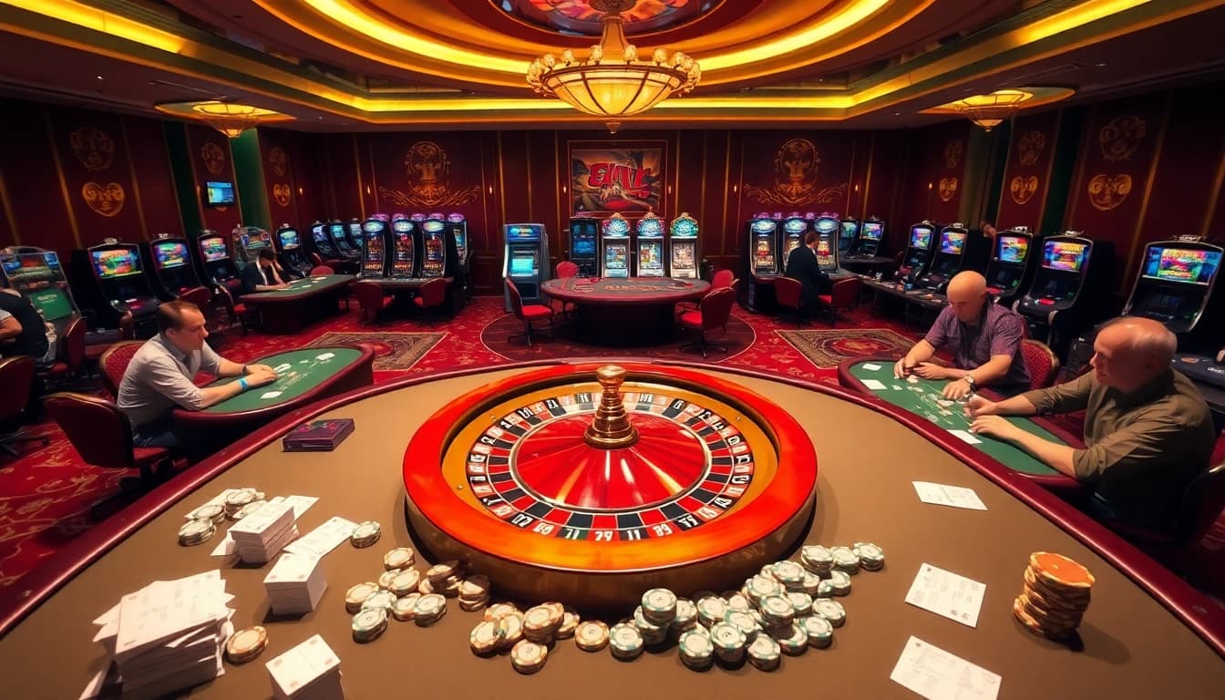 Exciting scene featuring a roulette wheel and poker tables at Thabet link casino.