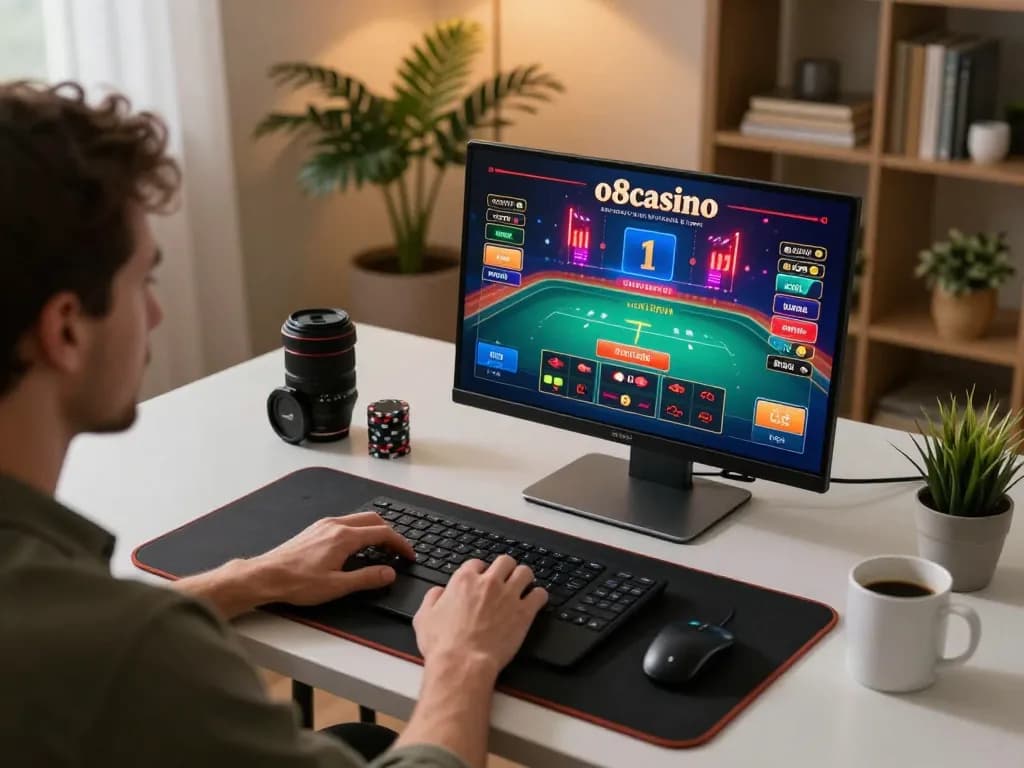 Engaged player using laptop for o8casino online gaming experience in cozy environment
