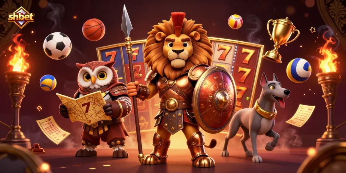 Engage in thrilling gameplay with shbet’s vibrant casino scene illustrating a Spartan lion, owl strategist, and greyhound messenger.