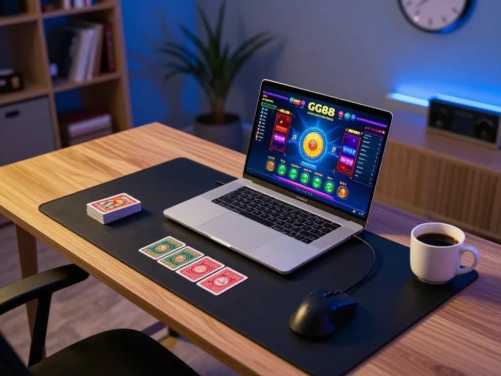 Playing online casino games at home with GG88's vibrant interface on laptop screen.