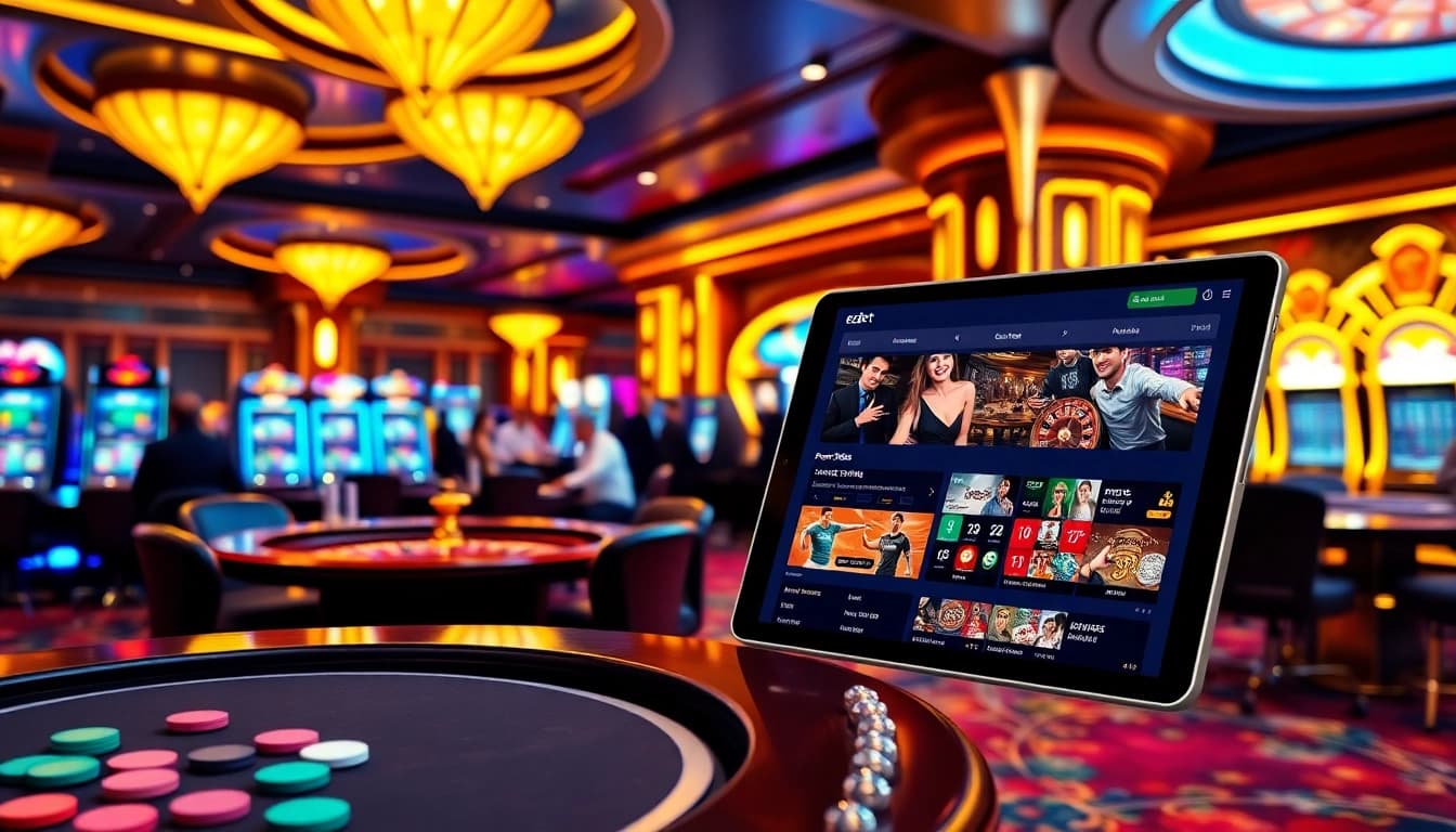 E2bet players enjoying a thrilling game at an upscale casino with vibrant ambiance.