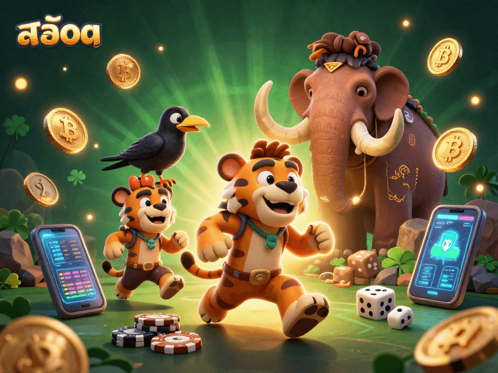 Engage with สล็อต in a thrilling prehistoric casino setting featuring vibrant 3D characters.