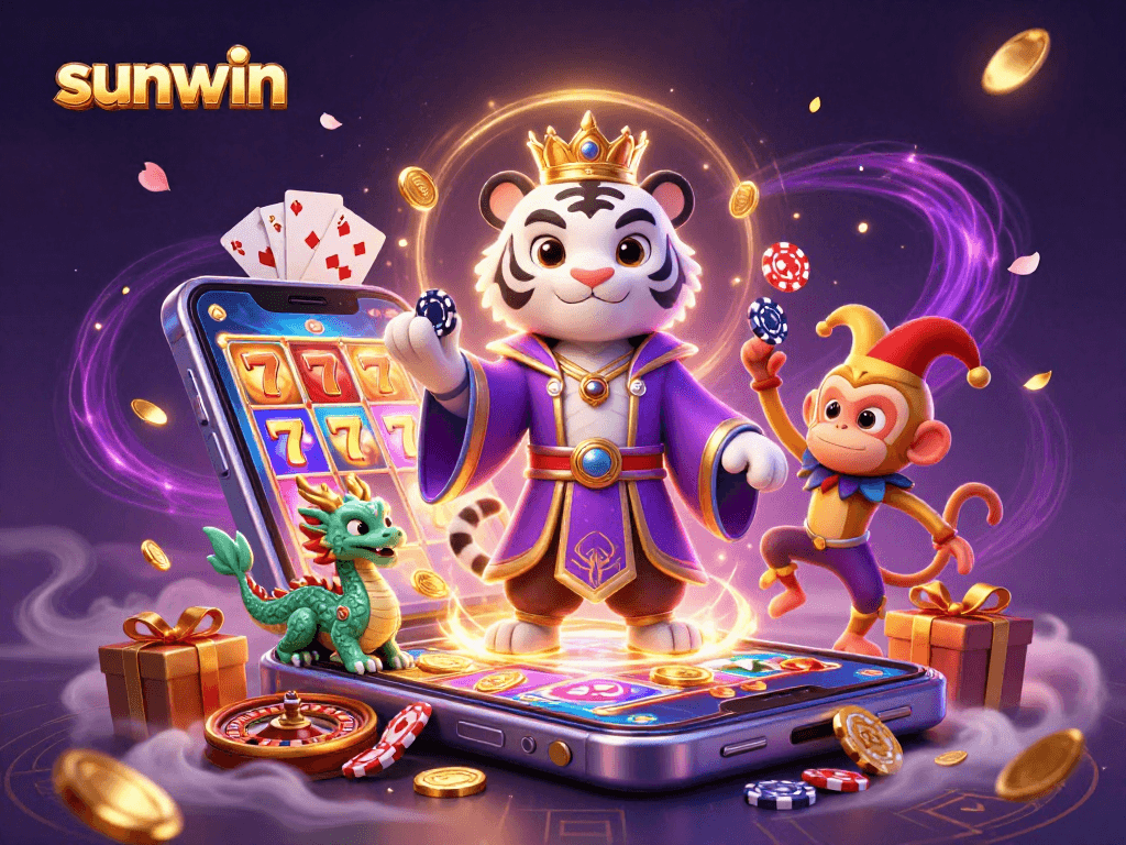 Spin and win with sunwin's vibrant 3D casino scene featuring a tiger and monkey.