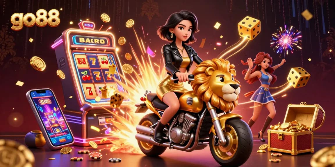 Experience exciting gaming action at go88 with a glamorous woman riding a golden lion amidst dynamic casino elements.