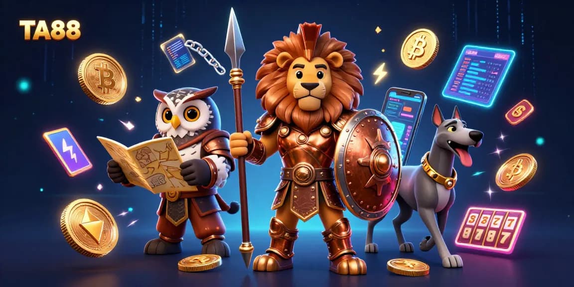 TA88 showcases a Spartan lion, strategist owl, and greyhound amidst vibrant slot game elements.