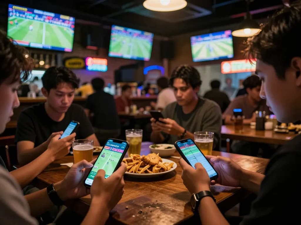 Enthusiasts engaging in tin soi kèo betting at a vibrant sports bar with live matches.