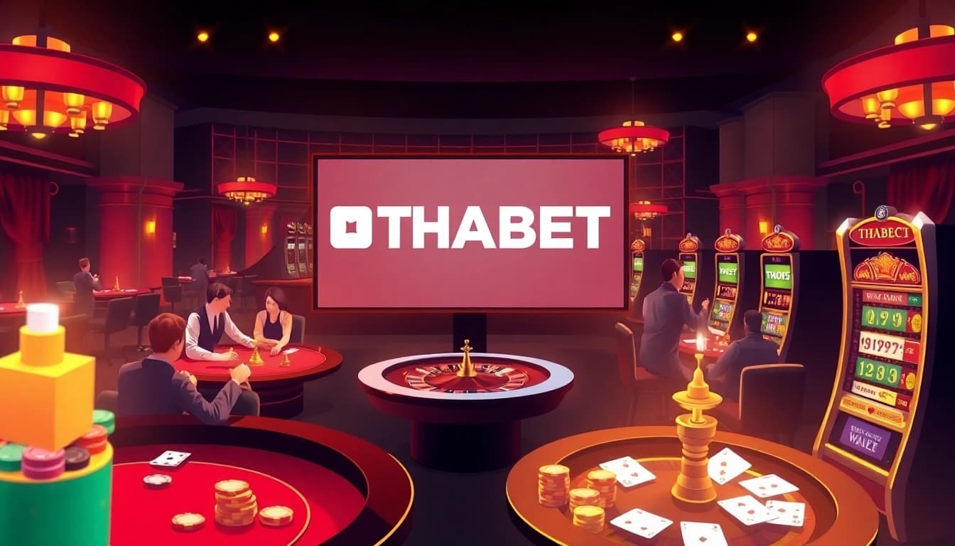 Experience the excitement of online gambling at THABET link, featuring vibrant casino tables and glowing slot machines.