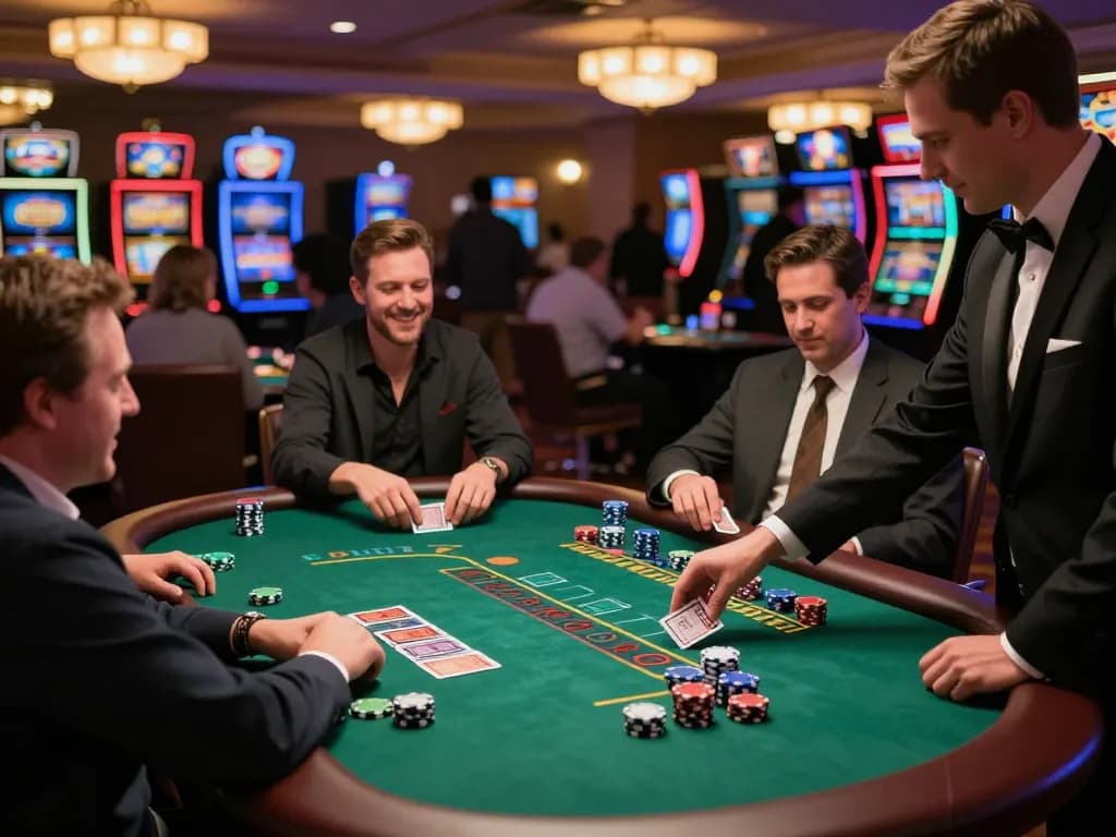 Players enjoying a thrilling game of blackjack at 98win casino, showcasing intense atmosphere and strategic gameplay.