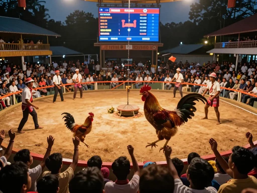 View of a thrilling đá gà thomo live match with competing chickens and cheering crowd.