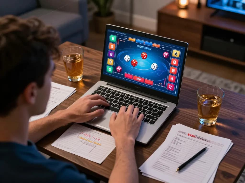 Tai Xiu Online gameplay in a modern home office, showcasing strategic betting action and comfortable environment.