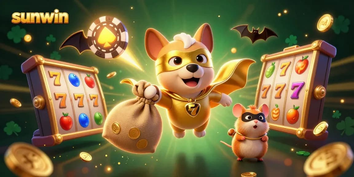 Win exciting casino prizes with sunwin's superhero dog and sidekick hamster in a colorful slot game setting.