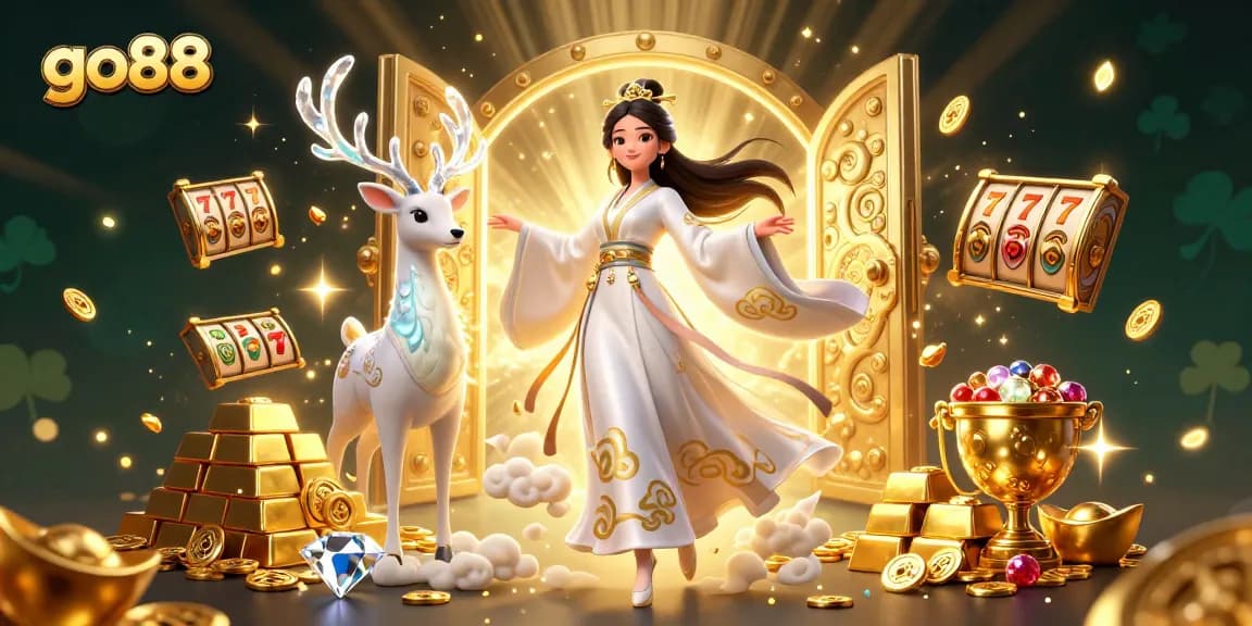 Engage with go88's vibrant 3D casino illustration showcasing rich slot elements and a captivating atmosphere.