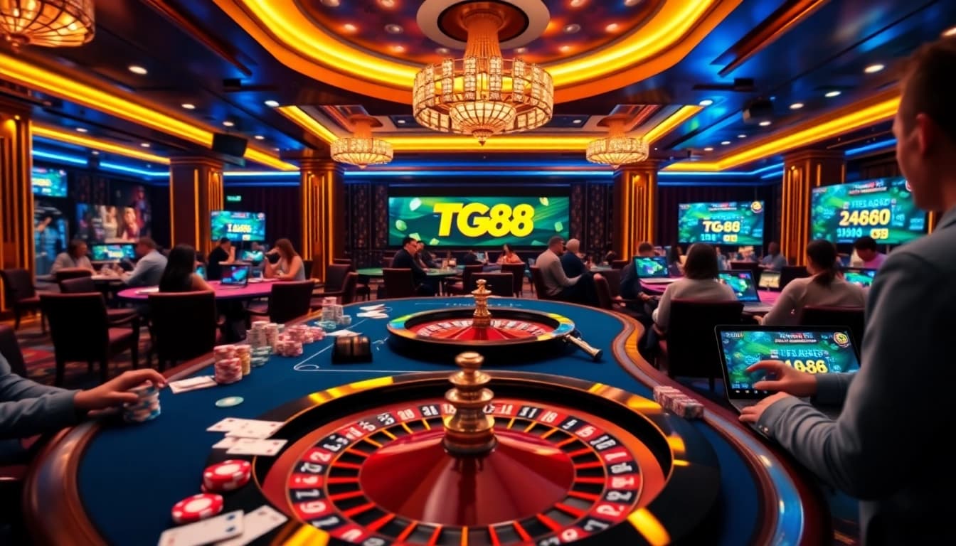 Players enjoying a thrilling game at TG88 casino with vibrant tables and neon lights.
