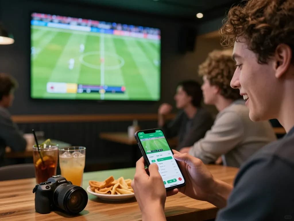 Placing bets on the Ok9 sports betting app while enjoying live football action in a vibrant sports bar setting.