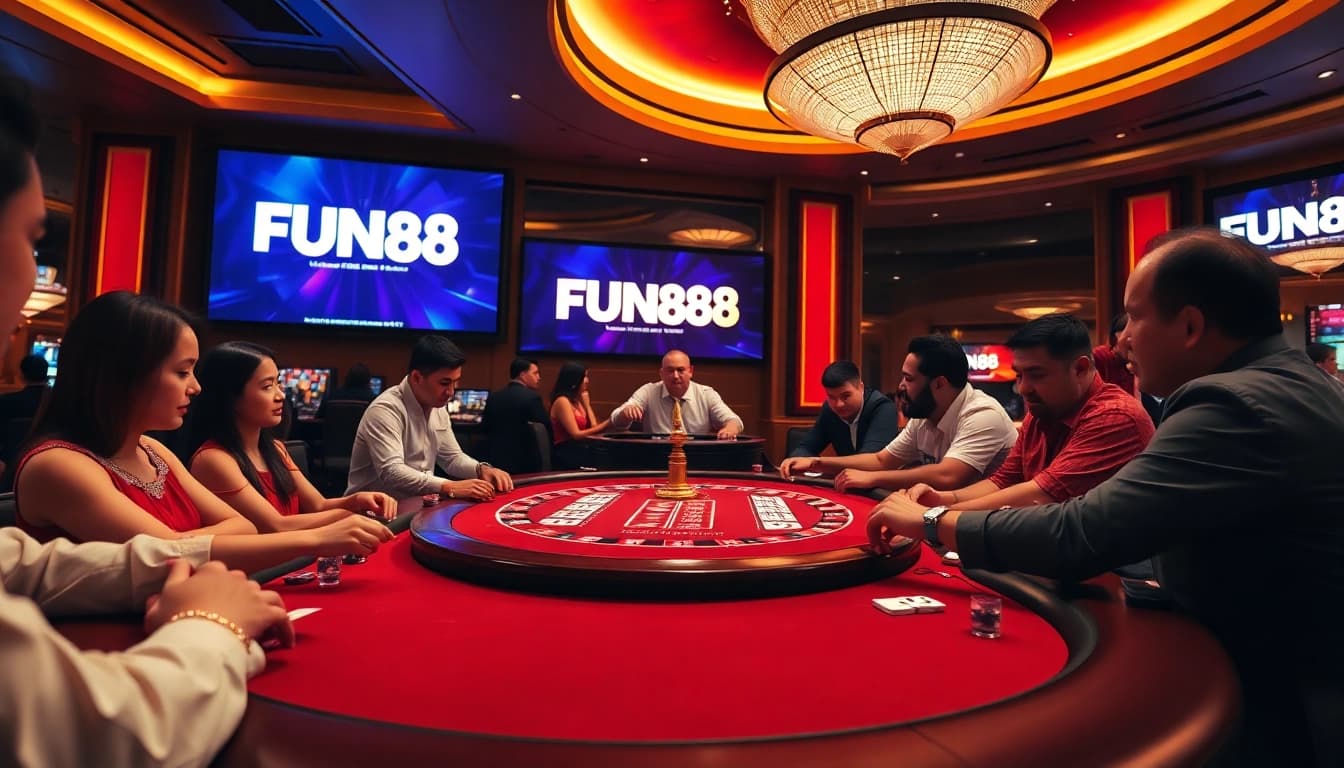 Experience the thrill of FUN88 at a vibrant casino gaming table with eager players and spinning roulette wheels.