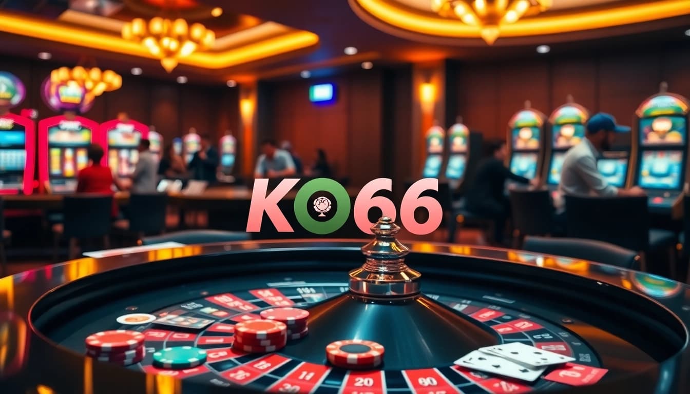 Trải nghiệm cảm giác hồi hộp của KO66 tại một sòng bạc sang trọng với roulette và các yếu tố trò chơi.