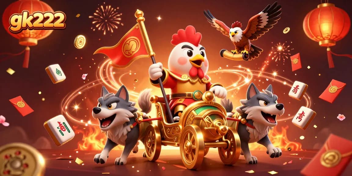 Engage with gk222's thrilling games featuring a rooster warlord and vibrant casino elements.