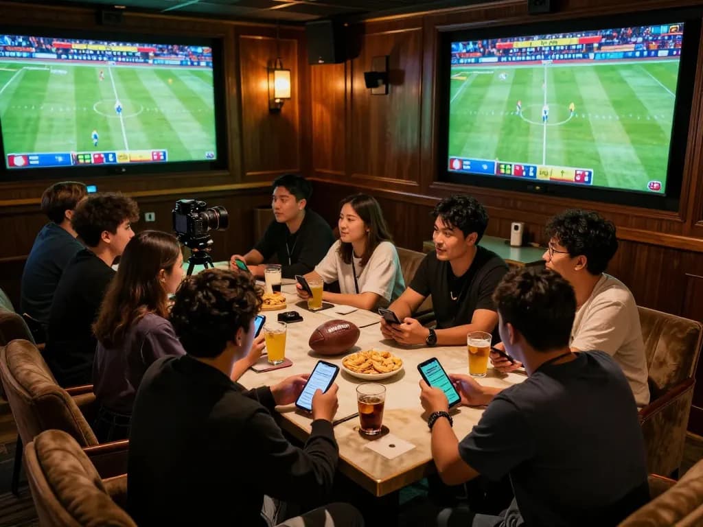 Friends enjoying a thrilling football match while placing bets on Okwintv, showcasing an energetic sports bar atmosphere