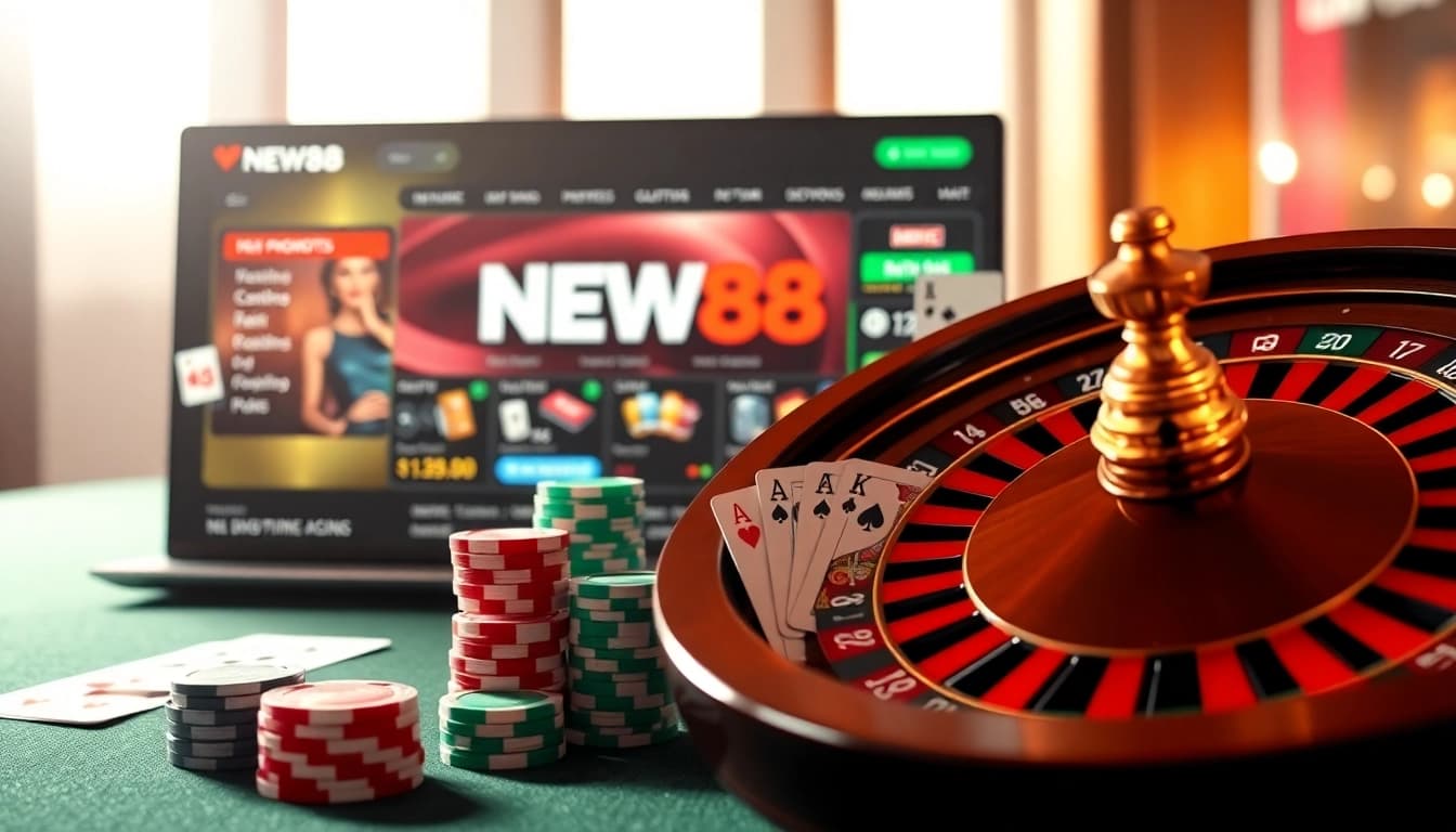 Experience the thrill of winning at new88 with vibrant poker chips and a roulette wheel.