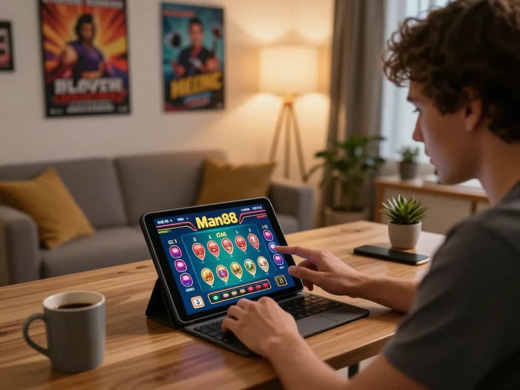 Player engaging with Man88 casino game on tablet in a cozy home office setup.