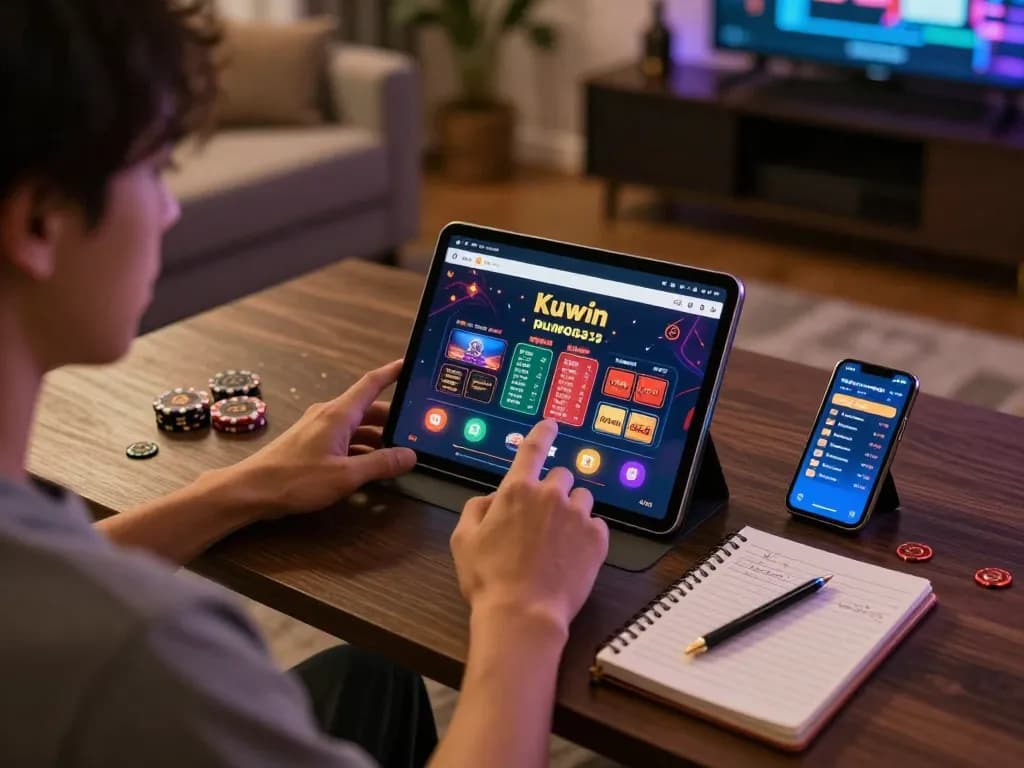 Engaging with nhà cái Kuwin on a tablet in a cozy home setting, showcasing responsible gaming.