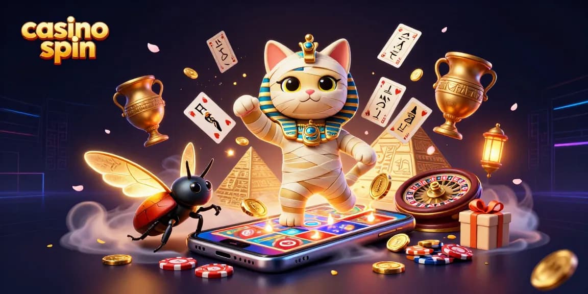 Experience casino spin with a vibrant pyramid scene featuring a mummy cat, golden coins, and glowing cards.