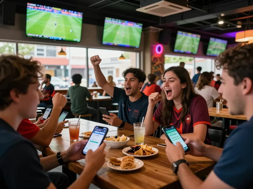 Bóng đá Bet168 mobile betting experience showcased as friends cheer while placing sports bets in a vibrant atmosphere