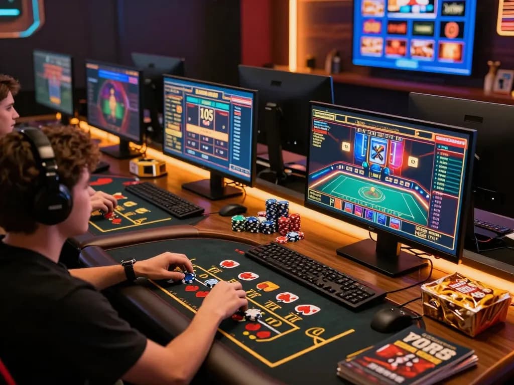 Engaging in online casino gameplay at home with uk88 com games, showcasing a vibrant gaming setup and strategic focus.
