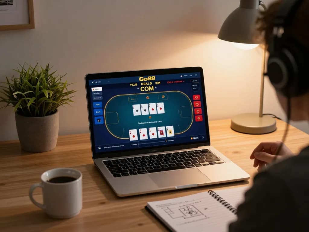 Engaging online poker session on Go88, showing strategy and concentration in a cozy home office.