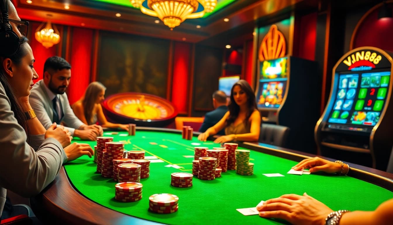 VIN88 casino scene featuring poker players with vibrant chips and a roulette wheel.
