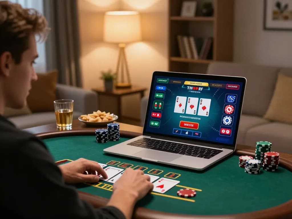 GA88 player enjoying live dealer blackjack in a cozy home atmosphere with snacks.