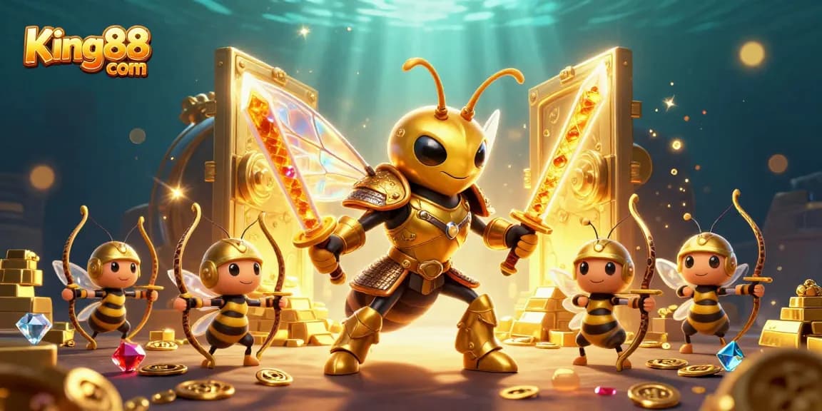 Experience exciting wins at King88 com with a dynamic casino scene featuring golden treasure and engaging characters.