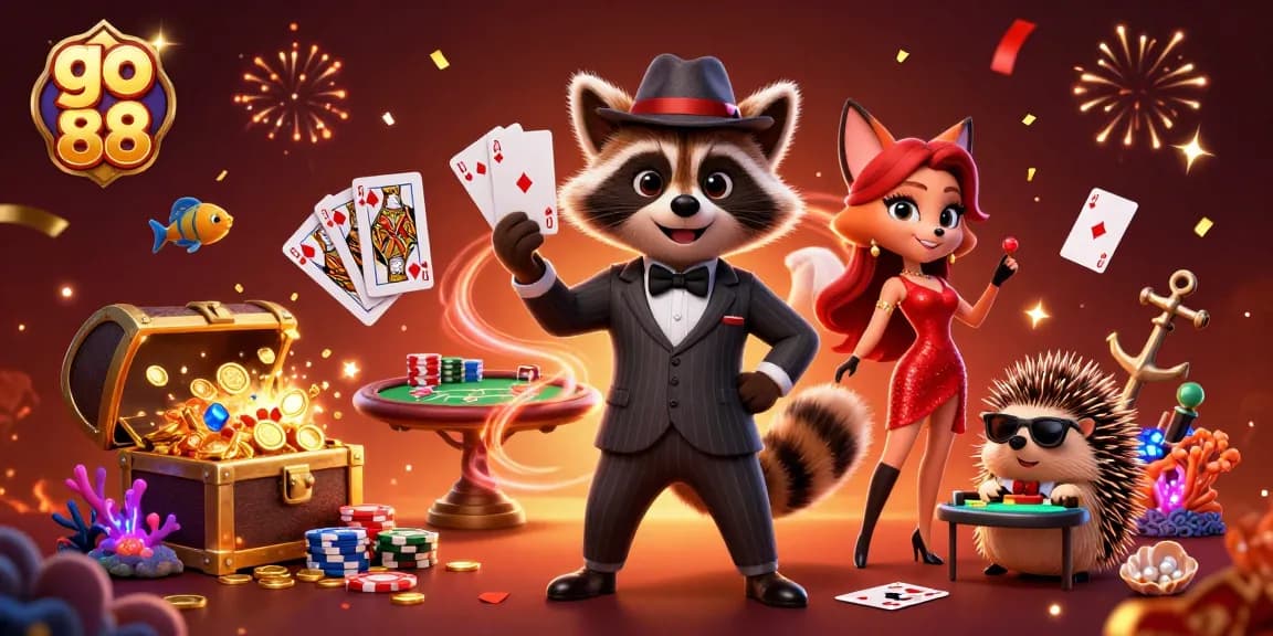 Experience thrilling gameplay at go 88 with a vibrant casino scene featuring a raccoon, fox, and bouncer.