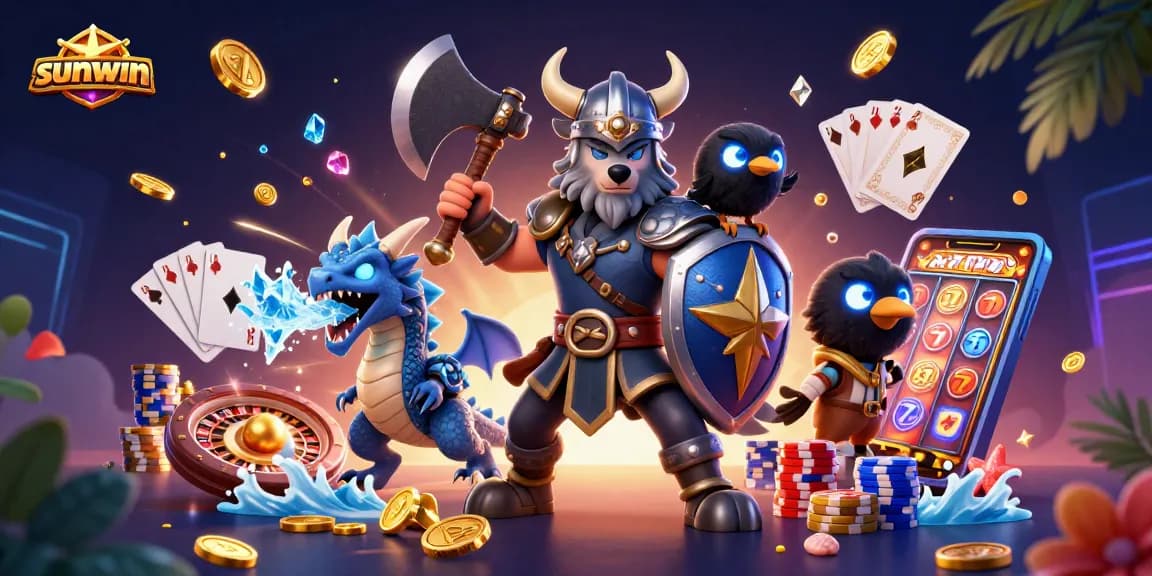 Engage with sunwin’s thrilling illustration of a Viking warrior, dragon, and casino elements.