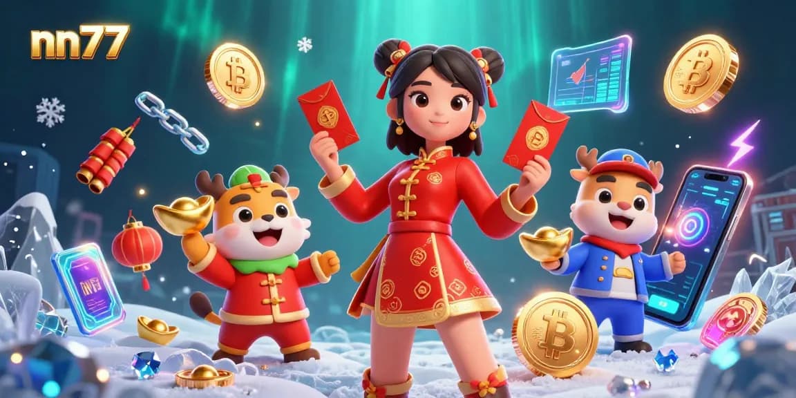 Win at nn777 with festive gaming excitement featuring vibrant Asian characters and crypto elements.
