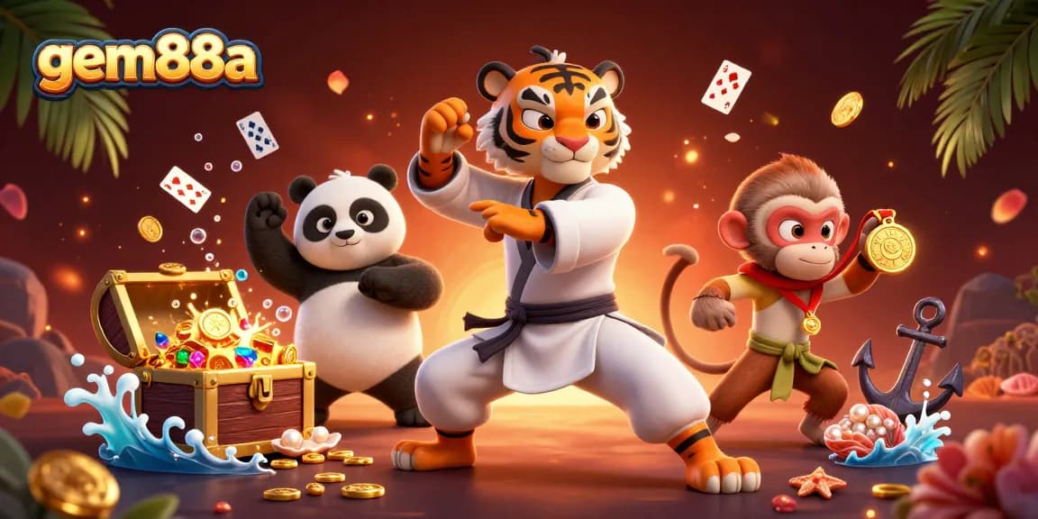 Engage in winning strategies at gem88a, featuring a tiger master, panda disciple, and monkey student in a vibrant casino scene.
