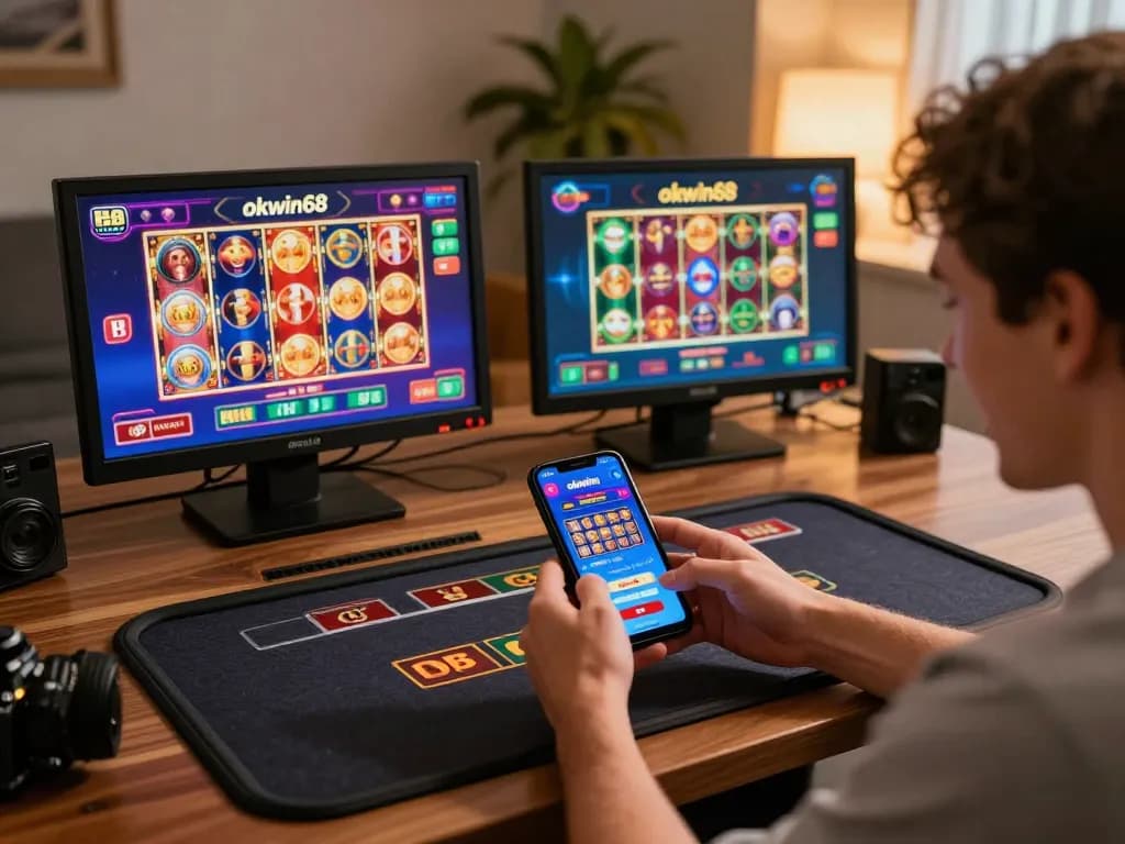 A player enjoying the okwin68 app on smartphone, experiencing dynamic online gambling with excitement.