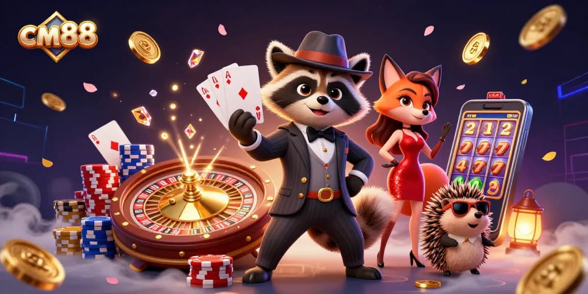 Experience thrilling gameplay at cm88 with raccoon holding a royal flush while sparkling gems cascade around