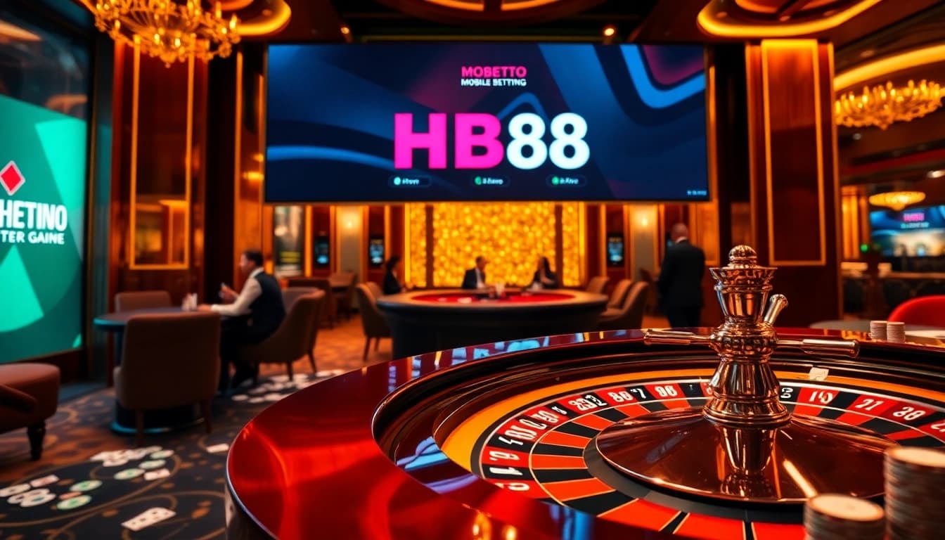 Excited players engaging with HB88 at a glamorous casino table with roulette and poker elements.