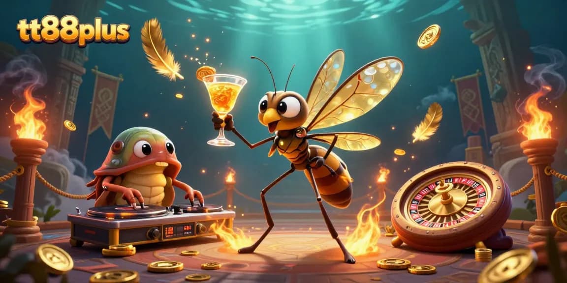 Engage with tt88plus in a vibrant casino world featuring a lively mosquito mascot and spinning trilobite DJ.