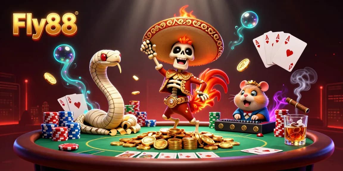 Fly88 showcases a vibrant 3D illustration of a victory dance amidst colorful casino elements, enhancing the gaming experience.
