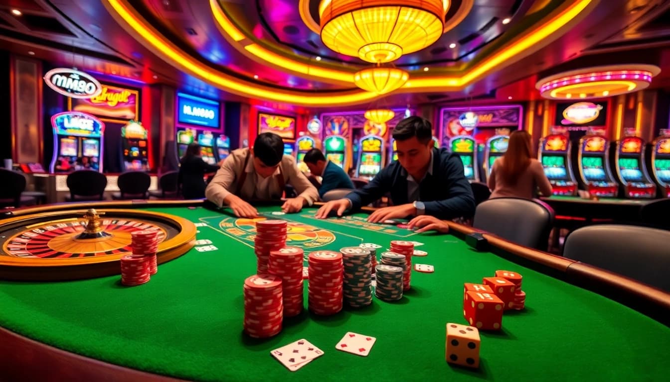 Players enjoying poker at mm88.osaka casino, surrounded by vibrant slot machines.