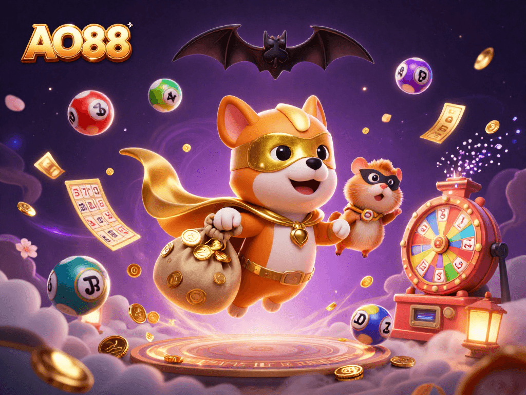 Experience excitement at AO88 with a superhero dog and hamster amidst dynamic casino elements.