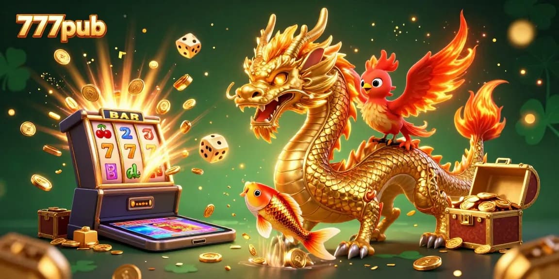 Experience the excitement of winning at 777pub with a dragon and phoenix in a rich casino scene.