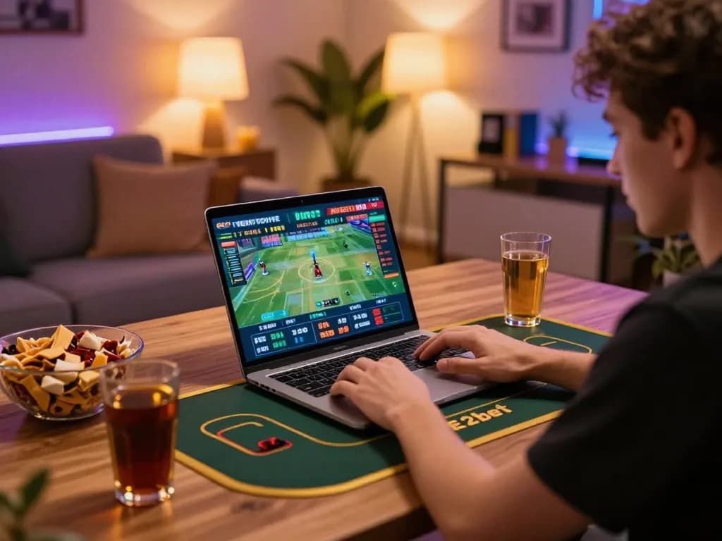 E2bet player engaging in online sports betting at home with dynamic interface and cozy environment