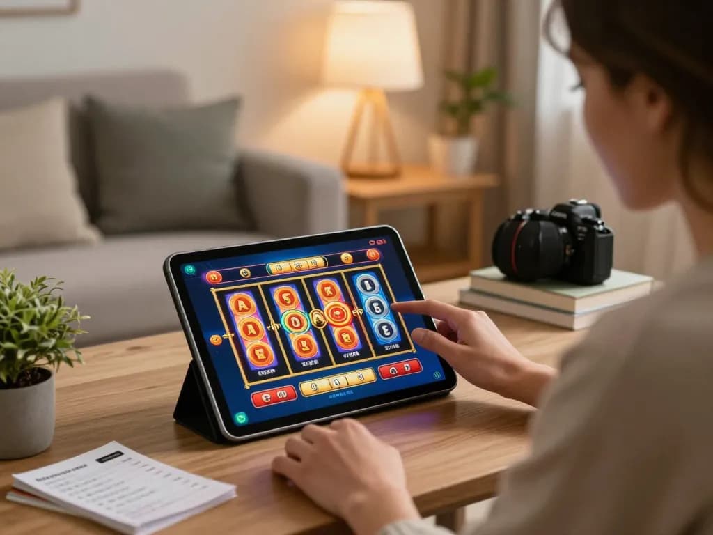 Player enjoying Link O8 slot gaming on tablet in cozy home setup, promoting responsible gaming habits