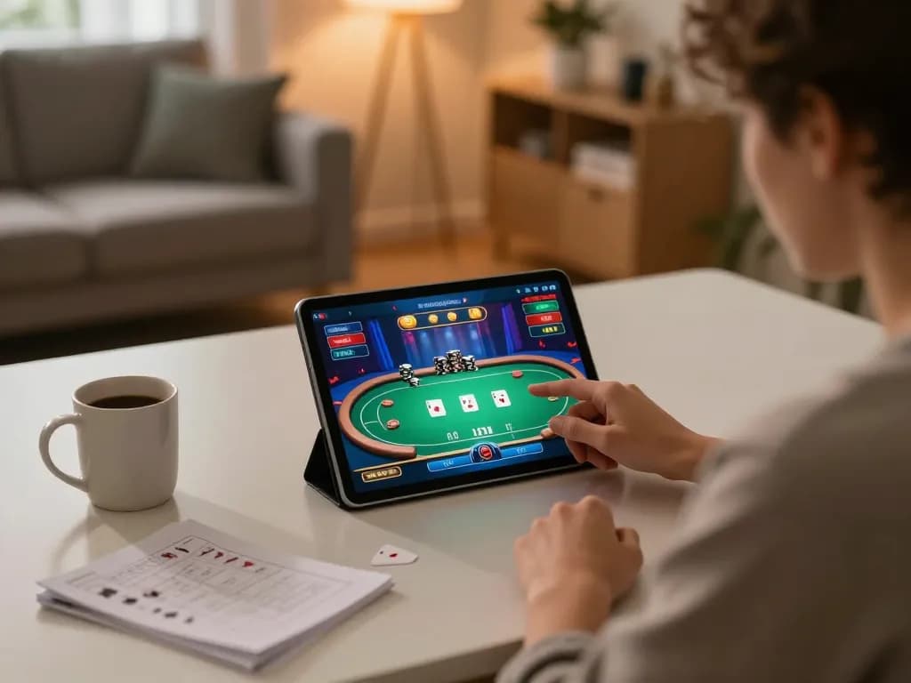 Engaging with 7mz poker game interface in a cozy home gaming environment.