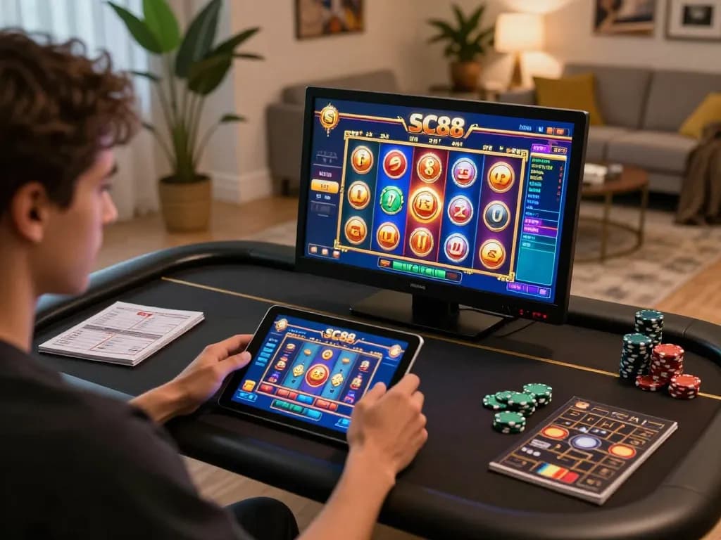 Engaging player immersed in SC88 online gaming, showcasing vibrant slot game interface and strategic accessories