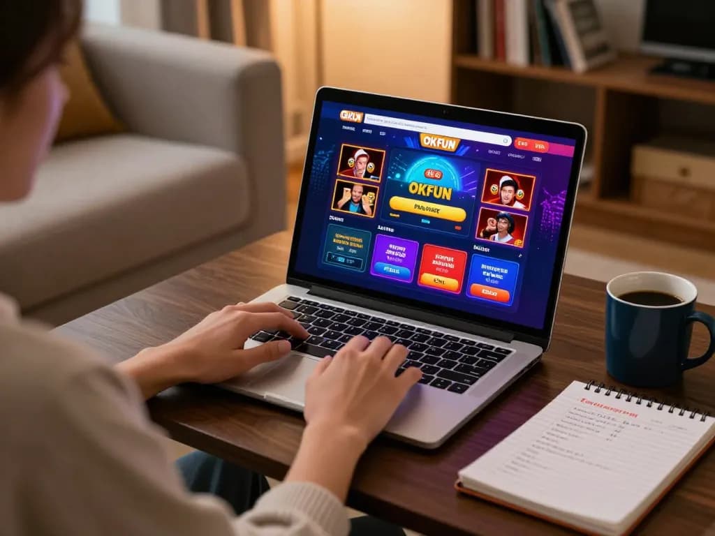 Engaged player enjoying OKFUN casino online games at home with colorful graphics
